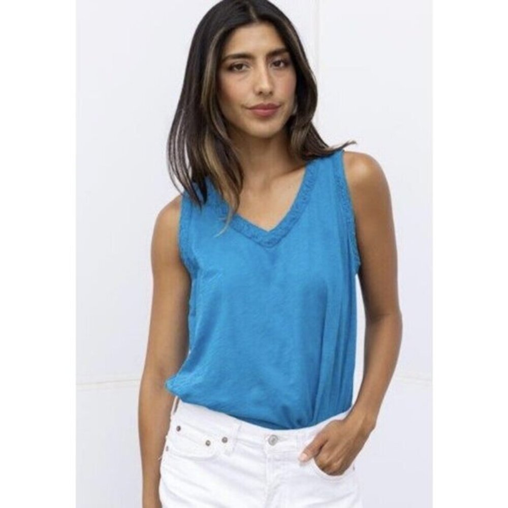 Michael Stats Dina 1X Fabric Mix V Neck Tank Supine Slub *Out If Stock $98 Blue